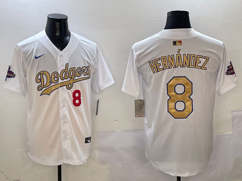 Men Los Angeles Dodgers 8 Hernandez White Champion gold character 2025 Nike MLB Jersey style 12